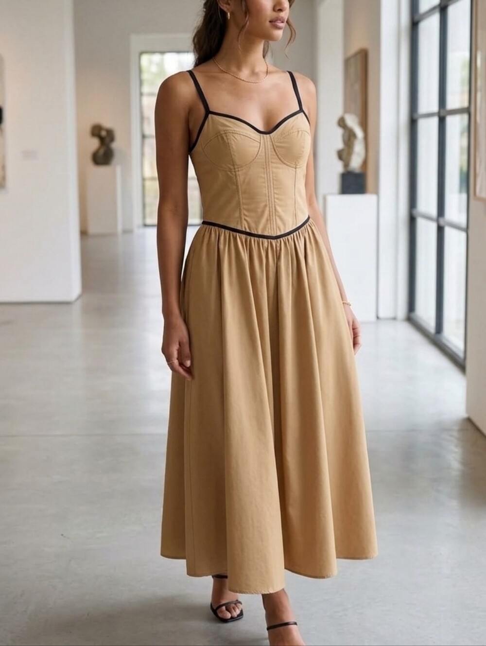 Anthropologie Moon River Corset Women’s Tan Midi Dress with Black Trim W Pockets